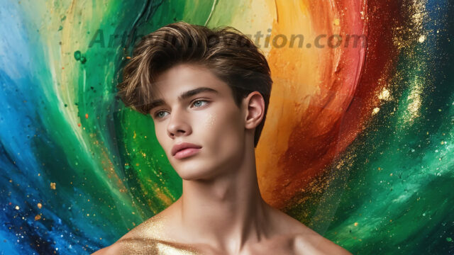 Abstract Male Art Ai Photos of Beautiful Men Enveloped by Colors. AI-generated abstract art featuring beautiful, handsome, sexy, shirtless, men, boys, lads, full of excitement joy and fun, covered in colors, dynamic, interactive, Combining elements of realism with surreal abstract qualities, showcasing the potential of AI in artistic expression.