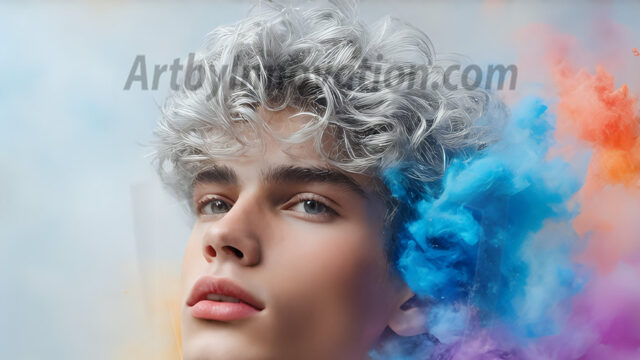 Abstract Male Art Ai Photos of Beautiful Men Enveloped by Colors. AI-generated abstract art featuring beautiful, handsome, sexy, shirtless, men, boys, lads, full of excitement joy and fun, covered in colors, dynamic, interactive, Combining elements of realism with surreal abstract qualities, showcasing the potential of AI in artistic expression.