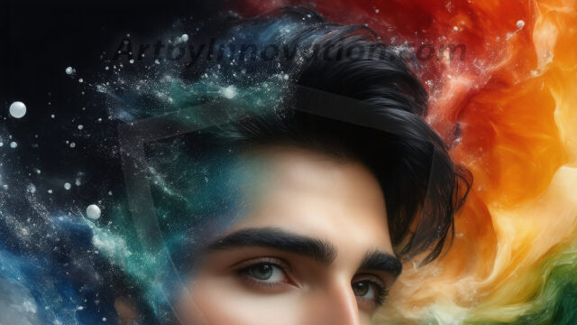 Abstract Male Art Ai Photos of Beautiful Men Enveloped by Colors. AI-generated abstract art featuring beautiful, handsome, sexy, shirtless, men, boys, lads, full of excitement joy and fun, covered in colors, dynamic, interactive, Combining elements of realism with surreal abstract qualities, showcasing the potential of AI in artistic expression.