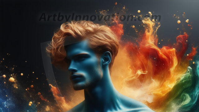 Abstract Male Art Ai Photos of Beautiful Men Enveloped by Colors. AI-generated abstract art featuring beautiful, handsome, sexy, shirtless, men, boys, lads, full of excitement joy and fun, covered in colors, dynamic, interactive, Combining elements of realism with surreal abstract qualities, showcasing the potential of AI in artistic expression.