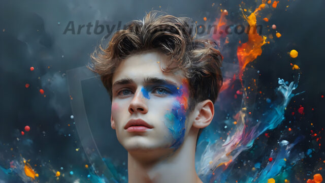 Abstract Male Art Ai Photos of Beautiful Men Enveloped by Colors. AI-generated abstract art featuring beautiful, handsome, sexy, shirtless, men, boys, lads, full of excitement joy and fun, covered in colors, dynamic, interactive, Combining elements of realism with surreal abstract qualities, showcasing the potential of AI in artistic expression.