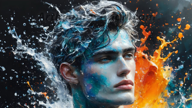 Abstract Male Art Ai Photos of Beautiful Men Enveloped by Colors. AI-generated abstract art featuring beautiful, handsome, sexy, shirtless, men, boys, lads, full of excitement joy and fun, covered in colors, dynamic, interactive, Combining elements of realism with surreal abstract qualities, showcasing the potential of AI in artistic expression.