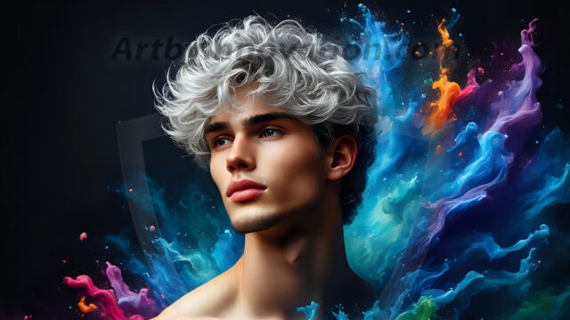 Abstract Male Art Ai Photos of Beautiful Men Enveloped by Colors. AI-generated abstract art featuring beautiful, handsome, sexy, shirtless, men, boys, lads, full of excitement joy and fun, covered in colors, dynamic, interactive, Combining elements of realism with surreal abstract qualities, showcasing the potential of AI in artistic expression.