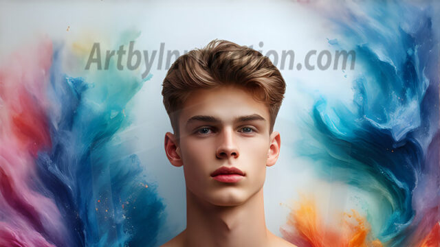 Abstract Male Art Ai Photos of Beautiful Men Enveloped by Colors. AI-generated abstract art featuring beautiful, handsome, sexy, shirtless, men, boys, lads, full of excitement joy and fun, covered in colors, dynamic, interactive, Combining elements of realism with surreal abstract qualities, showcasing the potential of AI in artistic expression.