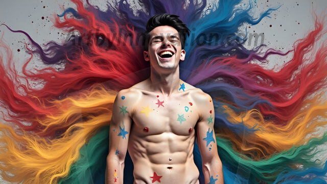 Abstract Male Art Ai Photos of Beautiful Men Enveloped by Colors. AI-generated abstract art featuring beautiful, handsome, sexy, shirtless, men, boys, lads, full of excitement joy and fun, covered in colors, dynamic, interactive, Combining elements of realism with surreal abstract qualities, showcasing the potential of AI in artistic expression.