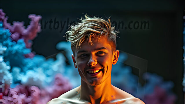 Abstract Male Art Ai Photos of Beautiful Men Enveloped by Colors. AI-generated abstract art featuring beautiful, handsome, sexy, shirtless, men, boys, lads, full of excitement joy and fun, covered in colors, dynamic, interactive, Combining elements of realism with surreal abstract qualities, showcasing the potential of AI in artistic expression.