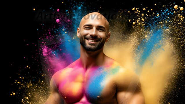 Abstract Male Art Ai Photos of Beautiful Men Enveloped by Colors. AI-generated abstract art featuring beautiful, handsome, sexy, shirtless, men, boys, lads, full of excitement joy and fun, covered in colors, dynamic, interactive, Combining elements of realism with surreal abstract qualities, showcasing the potential of AI in artistic expression.