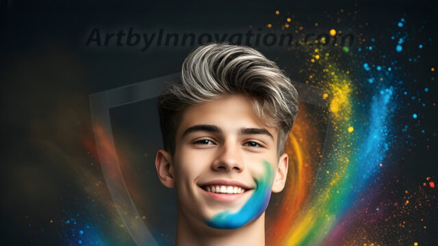 Abstract Male Art Ai Photos of Beautiful Men Enveloped by Colors. AI-generated abstract art featuring beautiful, handsome, sexy, shirtless, men, boys, lads, full of excitement joy and fun, covered in colors, dynamic, interactive, Combining elements of realism with surreal abstract qualities, showcasing the potential of AI in artistic expression.