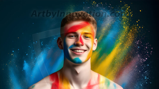 Abstract Male Art Ai Photos of Beautiful Men Enveloped by Colors. AI-generated abstract art featuring beautiful, handsome, sexy, shirtless, men, boys, lads, full of excitement joy and fun, covered in colors, dynamic, interactive, Combining elements of realism with surreal abstract qualities, showcasing the potential of AI in artistic expression.
