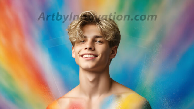 Abstract Male Art Ai Photos of Beautiful Men Enveloped by Colors. AI-generated abstract art featuring beautiful, handsome, sexy, shirtless, men, boys, lads, full of excitement joy and fun, covered in colors, dynamic, interactive, Combining elements of realism with surreal abstract qualities, showcasing the potential of AI in artistic expression.