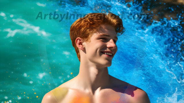 Abstract Male Art Ai Photos of Beautiful Men Enveloped by Colors. AI-generated abstract art featuring beautiful, handsome, sexy, shirtless, men, boys, lads, full of excitement joy and fun, covered in colors, dynamic, interactive, Combining elements of realism with surreal abstract qualities, showcasing the potential of AI in artistic expression.