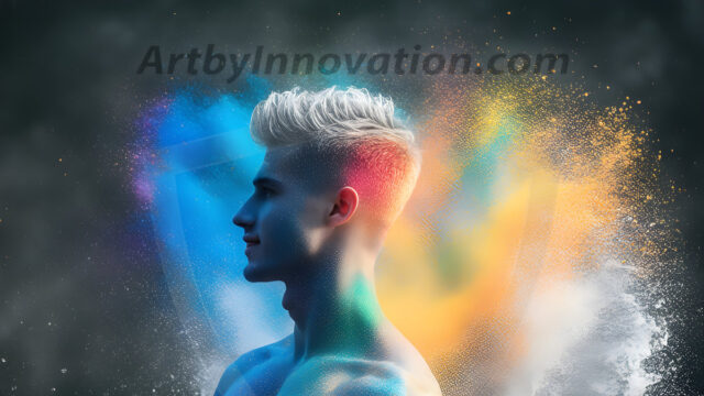 Abstract Male Art Ai Photos of Beautiful Men Enveloped by Colors. AI-generated abstract art featuring beautiful, handsome, sexy, shirtless, men, boys, lads, full of excitement joy and fun, covered in colors, dynamic, interactive, Combining elements of realism with surreal abstract qualities, showcasing the potential of AI in artistic expression.