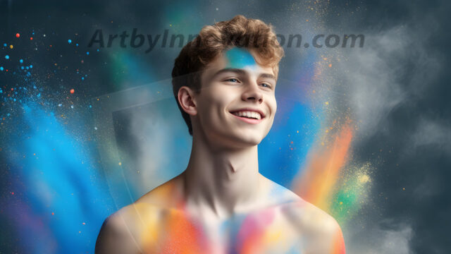 Abstract Male Art Ai Photos of Beautiful Men Enveloped by Colors. AI-generated abstract art featuring beautiful, handsome, sexy, shirtless, men, boys, lads, full of excitement joy and fun, covered in colors, dynamic, interactive, Combining elements of realism with surreal abstract qualities, showcasing the potential of AI in artistic expression.