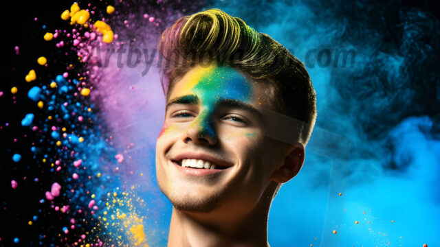 Abstract Male Art Ai Photos of Beautiful Men Enveloped by Colors. AI-generated abstract art featuring beautiful, handsome, sexy, shirtless, men, boys, lads, full of excitement joy and fun, covered in colors, dynamic, interactive, Combining elements of realism with surreal abstract qualities, showcasing the potential of AI in artistic expression.