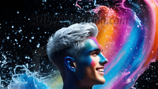 Abstract Male Art Ai Photos of Beautiful Men Enveloped by Colors. AI-generated abstract art featuring beautiful, handsome, sexy, shirtless, men, boys, lads, full of excitement joy and fun, covered in colors, dynamic, interactive, Combining elements of realism with surreal abstract qualities, showcasing the potential of AI in artistic expression.