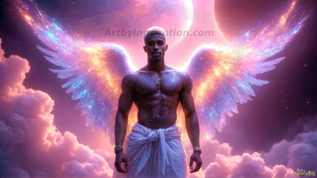 A detailed AI generated photograph featuring a beautiful handsome male angel warrior with ethereal skin and a beautiful body. Imbued with feathered wings, enormous and shimmering, a powerful warrior from the heavens. He possesses a strong, sharp jawline, chiseled muscular torso, pectorals, abs, sleek nose high cheekbones, vibrant eyes, silver earrings. With huge vibrate silver feathered wings, enormous and shimmering, with a radiant hue, reflecting light in a mesmerizing way. Here is a raw, untamed energy that emanates from him. His presence is electrifying, drawing viewers in with his captivating gaze and formidable presence. Perfect face, perfect hands.
