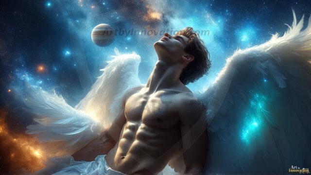 A detailed AI generated photograph featuring a beautiful handsome male angel warrior with ethereal skin and a beautiful body. Imbued with feathered wings, enormous and shimmering, a powerful warrior from the heavens. He possesses a strong, sharp jawline, chiseled muscular torso, pectorals, abs, sleek nose high cheekbones, vibrant eyes, silver earrings. With huge vibrate silver feathered wings, enormous and shimmering, with a radiant hue, reflecting light in a mesmerizing way. Here is a raw, untamed energy that emanates from him. His presence is electrifying, drawing viewers in with his captivating gaze and formidable presence. Perfect face, perfect hands.