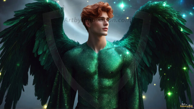 A detailed AI generated photograph featuring a beautiful handsome male angel warrior with ethereal skin and a beautiful body. Imbued with feathered wings, enormous and shimmering, a powerful warrior from the heavens. He possesses a strong, sharp jawline, chiseled muscular torso, pectorals, abs, sleek nose high cheekbones, vibrant eyes, silver earrings. With huge vibrate silver feathered wings, enormous and shimmering, with a radiant hue, reflecting light in a mesmerizing way. Here is a raw, untamed energy that emanates from him. His presence is electrifying, drawing viewers in with his captivating gaze and formidable presence. Perfect face, perfect hands.