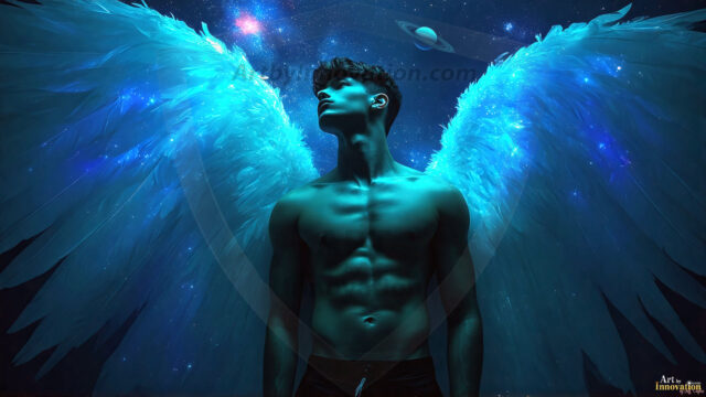 A detailed AI generated photograph featuring a beautiful handsome male angel warrior with ethereal skin and a beautiful body. Imbued with feathered wings, enormous and shimmering, a powerful warrior from the heavens. He possesses a strong, sharp jawline, chiseled muscular torso, pectorals, abs, sleek nose high cheekbones, vibrant eyes, silver earrings. With huge vibrate silver feathered wings, enormous and shimmering, with a radiant hue, reflecting light in a mesmerizing way. Here is a raw, untamed energy that emanates from him. His presence is electrifying, drawing viewers in with his captivating gaze and formidable presence. Perfect face, perfect hands.