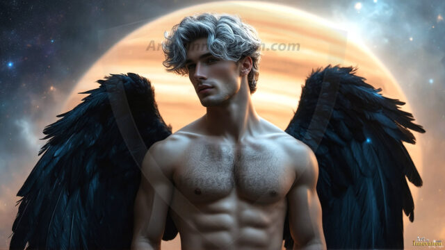 A detailed AI generated photograph featuring a beautiful handsome male angel warrior with ethereal skin and a beautiful body. Imbued with feathered wings, enormous and shimmering, a powerful warrior from the heavens. He possesses a strong, sharp jawline, chiseled muscular torso, pectorals, abs, sleek nose high cheekbones, vibrant eyes, silver earrings. With huge vibrate silver feathered wings, enormous and shimmering, with a radiant hue, reflecting light in a mesmerizing way. Here is a raw, untamed energy that emanates from him. His presence is electrifying, drawing viewers in with his captivating gaze and formidable presence. Perfect face, perfect hands.