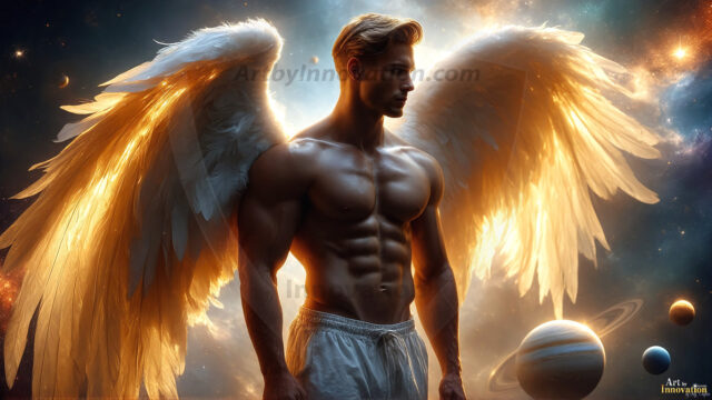 A detailed AI generated photograph featuring a beautiful handsome male angel warrior with ethereal skin and a beautiful body. Imbued with feathered wings, enormous and shimmering, a powerful warrior from the heavens. He possesses a strong, sharp jawline, chiseled muscular torso, pectorals, abs, sleek nose high cheekbones, vibrant eyes, silver earrings. With huge vibrate silver feathered wings, enormous and shimmering, with a radiant hue, reflecting light in a mesmerizing way. Here is a raw, untamed energy that emanates from him. His presence is electrifying, drawing viewers in with his captivating gaze and formidable presence. Perfect face, perfect hands.