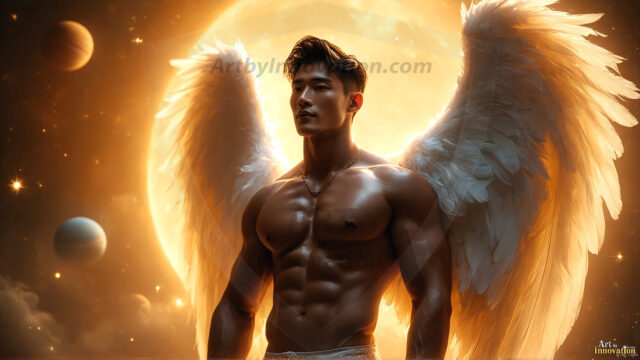 A detailed AI generated photograph featuring a beautiful handsome male angel warrior with ethereal skin and a beautiful body. Imbued with feathered wings, enormous and shimmering, a powerful warrior from the heavens. He possesses a strong, sharp jawline, chiseled muscular torso, pectorals, abs, sleek nose high cheekbones, vibrant eyes, silver earrings. With huge vibrate silver feathered wings, enormous and shimmering, with a radiant hue, reflecting light in a mesmerizing way. Here is a raw, untamed energy that emanates from him. His presence is electrifying, drawing viewers in with his captivating gaze and formidable presence. Perfect face, perfect hands.