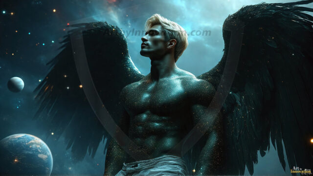 A detailed AI generated photograph featuring a beautiful handsome male angel warrior with ethereal skin and a beautiful body. Imbued with feathered wings, enormous and shimmering, a powerful warrior from the heavens. He possesses a strong, sharp jawline, chiseled muscular torso, pectorals, abs, sleek nose high cheekbones, vibrant eyes, silver earrings. With huge vibrate silver feathered wings, enormous and shimmering, with a radiant hue, reflecting light in a mesmerizing way. Here is a raw, untamed energy that emanates from him. His presence is electrifying, drawing viewers in with his captivating gaze and formidable presence. Perfect face, perfect hands.