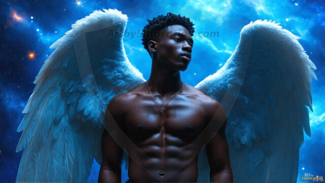 A detailed AI generated photograph featuring a beautiful handsome male angel warrior with ethereal skin and a beautiful body. Imbued with feathered wings, enormous and shimmering, a powerful warrior from the heavens. He possesses a strong, sharp jawline, chiseled muscular torso, pectorals, abs, sleek nose high cheekbones, vibrant eyes, silver earrings. With huge vibrate silver feathered wings, enormous and shimmering, with a radiant hue, reflecting light in a mesmerizing way. Here is a raw, untamed energy that emanates from him. His presence is electrifying, drawing viewers in with his captivating gaze and formidable presence. Perfect face, perfect hands.