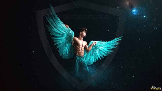 A detailed AI generated photograph featuring a beautiful handsome male angel warrior with ethereal skin and a beautiful body. Imbued with feathered wings, enormous and shimmering, a powerful warrior from the heavens. He possesses a strong, sharp jawline, chiseled muscular torso, pectorals, abs, sleek nose high cheekbones, vibrant eyes, silver earrings. With huge vibrate silver feathered wings, enormous and shimmering, with a radiant hue, reflecting light in a mesmerizing way. Here is a raw, untamed energy that emanates from him. His presence is electrifying, drawing viewers in with his captivating gaze and formidable presence. Perfect face, perfect hands.