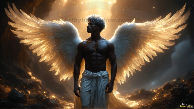 A detailed AI generated photograph featuring a beautiful handsome male angel warrior with ethereal skin and a beautiful body. Imbued with feathered wings, enormous and shimmering, a powerful warrior from the heavens. He possesses a strong, sharp jawline, chiseled muscular torso, pectorals, abs, sleek nose high cheekbones, vibrant eyes, silver earrings. With huge vibrate silver feathered wings, enormous and shimmering, with a radiant hue, reflecting light in a mesmerizing way. Here is a raw, untamed energy that emanates from him. His presence is electrifying, drawing viewers in with his captivating gaze and formidable presence. Perfect face, perfect hands.