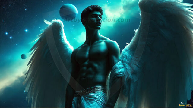 A detailed AI generated photograph featuring a beautiful handsome male angel warrior with ethereal skin and a beautiful body. Imbued with feathered wings, enormous and shimmering, a powerful warrior from the heavens. He possesses a strong, sharp jawline, chiseled muscular torso, pectorals, abs, sleek nose high cheekbones, vibrant eyes, silver earrings. With huge vibrate silver feathered wings, enormous and shimmering, with a radiant hue, reflecting light in a mesmerizing way. Here is a raw, untamed energy that emanates from him. His presence is electrifying, drawing viewers in with his captivating gaze and formidable presence. Perfect face, perfect hands.