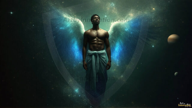 A detailed AI generated photograph featuring a beautiful handsome male angel warrior with ethereal skin and a beautiful body. Imbued with feathered wings, enormous and shimmering, a powerful warrior from the heavens. He possesses a strong, sharp jawline, chiseled muscular torso, pectorals, abs, sleek nose high cheekbones, vibrant eyes, silver earrings. With huge vibrate silver feathered wings, enormous and shimmering, with a radiant hue, reflecting light in a mesmerizing way. Here is a raw, untamed energy that emanates from him. His presence is electrifying, drawing viewers in with his captivating gaze and formidable presence. Perfect face, perfect hands.