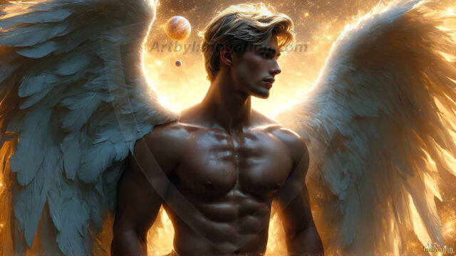 A detailed AI generated photograph featuring a beautiful handsome male angel warrior with ethereal skin and a beautiful body. Imbued with feathered wings, enormous and shimmering, a powerful warrior from the heavens. He possesses a strong, sharp jawline, chiseled muscular torso, pectorals, abs, sleek nose high cheekbones, vibrant eyes, silver earrings. With huge vibrate silver feathered wings, enormous and shimmering, with a radiant hue, reflecting light in a mesmerizing way. Here is a raw, untamed energy that emanates from him. His presence is electrifying, drawing viewers in with his captivating gaze and formidable presence. Perfect face, perfect hands.