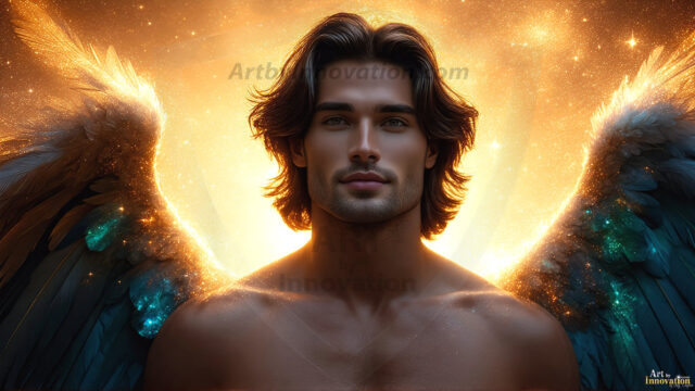 A detailed AI generated photograph featuring a beautiful handsome male angel warrior with ethereal skin and a beautiful body. Imbued with feathered wings, enormous and shimmering, a powerful warrior from the heavens. He possesses a strong, sharp jawline, chiseled muscular torso, pectorals, abs, sleek nose high cheekbones, vibrant eyes, silver earrings. With huge vibrate silver feathered wings, enormous and shimmering, with a radiant hue, reflecting light in a mesmerizing way. Here is a raw, untamed energy that emanates from him. His presence is electrifying, drawing viewers in with his captivating gaze and formidable presence. Perfect face, perfect hands.