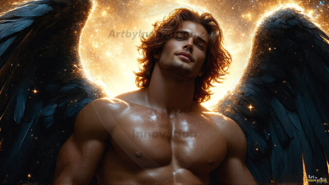 A detailed AI generated photograph featuring a beautiful handsome male angel warrior with ethereal skin and a beautiful body. Imbued with feathered wings, enormous and shimmering, a powerful warrior from the heavens. He possesses a strong, sharp jawline, chiseled muscular torso, pectorals, abs, sleek nose high cheekbones, vibrant eyes, silver earrings. With huge vibrate silver feathered wings, enormous and shimmering, with a radiant hue, reflecting light in a mesmerizing way. Here is a raw, untamed energy that emanates from him. His presence is electrifying, drawing viewers in with his captivating gaze and formidable presence. Perfect face, perfect hands.