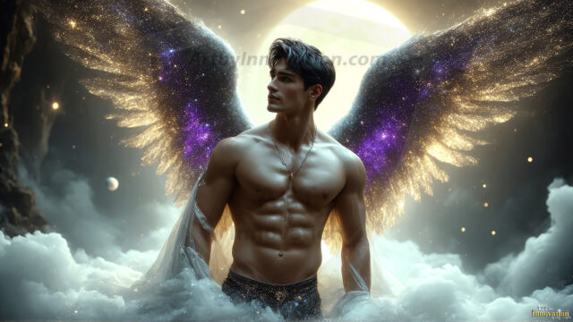 A detailed AI generated photograph featuring a beautiful handsome male angel warrior with ethereal skin and a beautiful body. Imbued with feathered wings, enormous and shimmering, a powerful warrior from the heavens. He possesses a strong, sharp jawline, chiseled muscular torso, pectorals, abs, sleek nose high cheekbones, vibrant eyes, silver earrings. With huge vibrate silver feathered wings, enormous and shimmering, with a radiant hue, reflecting light in a mesmerizing way. Here is a raw, untamed energy that emanates from him. His presence is electrifying, drawing viewers in with his captivating gaze and formidable presence. Perfect face, perfect hands.