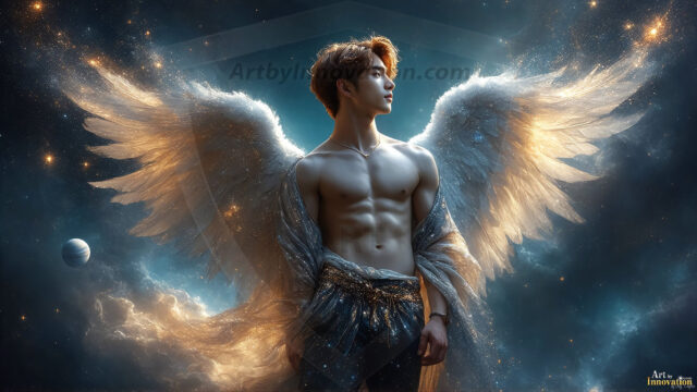 A detailed AI generated photograph featuring a beautiful handsome male angel warrior with ethereal skin and a beautiful body. Imbued with feathered wings, enormous and shimmering, a powerful warrior from the heavens. He possesses a strong, sharp jawline, chiseled muscular torso, pectorals, abs, sleek nose high cheekbones, vibrant eyes, silver earrings. With huge vibrate silver feathered wings, enormous and shimmering, with a radiant hue, reflecting light in a mesmerizing way. Here is a raw, untamed energy that emanates from him. His presence is electrifying, drawing viewers in with his captivating gaze and formidable presence. Perfect face, perfect hands.