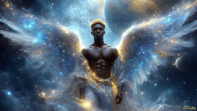 A detailed AI generated photograph featuring a beautiful handsome male angel warrior with ethereal skin and a beautiful body. Imbued with feathered wings, enormous and shimmering, a powerful warrior from the heavens. He possesses a strong, sharp jawline, chiseled muscular torso, pectorals, abs, sleek nose high cheekbones, vibrant eyes, silver earrings. With huge vibrate silver feathered wings, enormous and shimmering, with a radiant hue, reflecting light in a mesmerizing way. Here is a raw, untamed energy that emanates from him. His presence is electrifying, drawing viewers in with his captivating gaze and formidable presence. Perfect face, perfect hands.