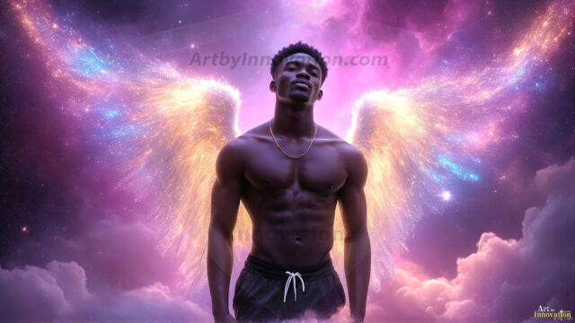 A detailed AI generated photograph featuring a beautiful handsome male angel warrior with ethereal skin and a beautiful body. Imbued with feathered wings, enormous and shimmering, a powerful warrior from the heavens. He possesses a strong, sharp jawline, chiseled muscular torso, pectorals, abs, sleek nose high cheekbones, vibrant eyes, silver earrings. With huge vibrate silver feathered wings, enormous and shimmering, with a radiant hue, reflecting light in a mesmerizing way. Here is a raw, untamed energy that emanates from him. His presence is electrifying, drawing viewers in with his captivating gaze and formidable presence. Perfect face, perfect hands.