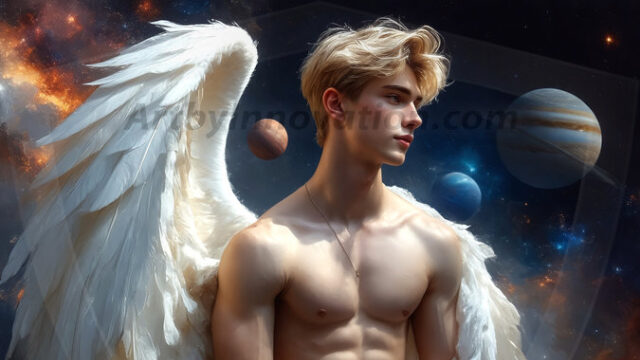 A detailed AI generated photograph featuring a beautiful handsome male angel warrior with ethereal skin and a beautiful body. Imbued with feathered wings, enormous and shimmering, a powerful warrior from the heavens. He possesses a strong, sharp jawline, chiseled muscular torso, pectorals, abs, sleek nose high cheekbones, vibrant eyes, silver earrings. With huge vibrate silver feathered wings, enormous and shimmering, with a radiant hue, reflecting light in a mesmerizing way. Here is a raw, untamed energy that emanates from him. His presence is electrifying, drawing viewers in with his captivating gaze and formidable presence. Perfect face, perfect hands.