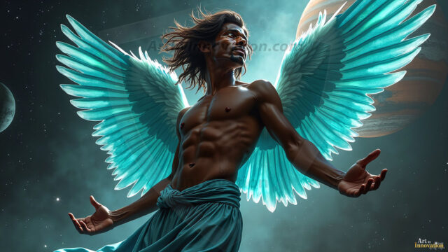 A detailed AI generated photograph featuring a beautiful handsome male angel warrior with ethereal skin and a beautiful body. Imbued with feathered wings, enormous and shimmering, a powerful warrior from the heavens. He possesses a strong, sharp jawline, chiseled muscular torso, pectorals, abs, sleek nose high cheekbones, vibrant eyes, silver earrings. With huge vibrate silver feathered wings, enormous and shimmering, with a radiant hue, reflecting light in a mesmerizing way. Here is a raw, untamed energy that emanates from him. His presence is electrifying, drawing viewers in with his captivating gaze and formidable presence. Perfect face, perfect hands.