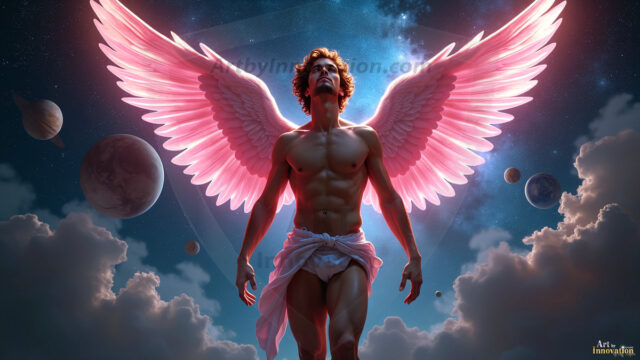 A detailed AI generated photograph featuring a beautiful handsome male angel warrior with ethereal skin and a beautiful body. Imbued with feathered wings, enormous and shimmering, a powerful warrior from the heavens. He possesses a strong, sharp jawline, chiseled muscular torso, pectorals, abs, sleek nose high cheekbones, vibrant eyes, silver earrings. With huge vibrate silver feathered wings, enormous and shimmering, with a radiant hue, reflecting light in a mesmerizing way. Here is a raw, untamed energy that emanates from him. His presence is electrifying, drawing viewers in with his captivating gaze and formidable presence. Perfect face, perfect hands.