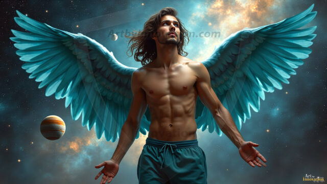 A detailed AI generated photograph featuring a beautiful handsome male angel warrior with ethereal skin and a beautiful body. Imbued with feathered wings, enormous and shimmering, a powerful warrior from the heavens. He possesses a strong, sharp jawline, chiseled muscular torso, pectorals, abs, sleek nose high cheekbones, vibrant eyes, silver earrings. With huge vibrate silver feathered wings, enormous and shimmering, with a radiant hue, reflecting light in a mesmerizing way. Here is a raw, untamed energy that emanates from him. His presence is electrifying, drawing viewers in with his captivating gaze and formidable presence. Perfect face, perfect hands.