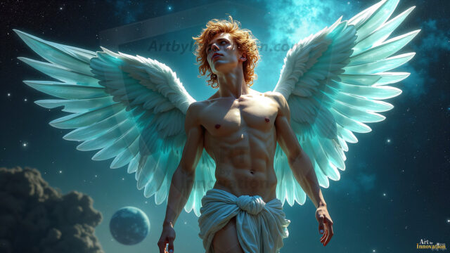 A detailed AI generated photograph featuring a beautiful handsome male angel warrior with ethereal skin and a beautiful body. Imbued with feathered wings, enormous and shimmering, a powerful warrior from the heavens. He possesses a strong, sharp jawline, chiseled muscular torso, pectorals, abs, sleek nose high cheekbones, vibrant eyes, silver earrings. With huge vibrate silver feathered wings, enormous and shimmering, with a radiant hue, reflecting light in a mesmerizing way. Here is a raw, untamed energy that emanates from him. His presence is electrifying, drawing viewers in with his captivating gaze and formidable presence. Perfect face, perfect hands.