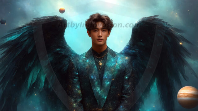 A detailed AI generated photograph featuring a beautiful handsome male angel warrior with ethereal skin and a beautiful body. Imbued with feathered wings, enormous and shimmering, a powerful warrior from the heavens. He possesses a strong, sharp jawline, chiseled muscular torso, pectorals, abs, sleek nose high cheekbones, vibrant eyes, silver earrings. With huge vibrate silver feathered wings, enormous and shimmering, with a radiant hue, reflecting light in a mesmerizing way. Here is a raw, untamed energy that emanates from him. His presence is electrifying, drawing viewers in with his captivating gaze and formidable presence. Perfect face, perfect hands.