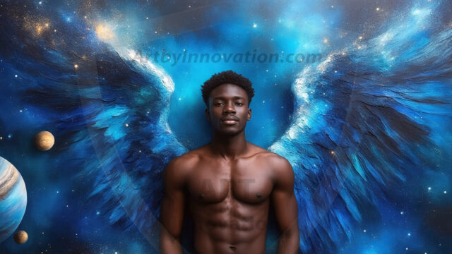A detailed AI generated photograph featuring a beautiful handsome male angel warrior with ethereal skin and a beautiful body. Imbued with feathered wings, enormous and shimmering, a powerful warrior from the heavens. He possesses a strong, sharp jawline, chiseled muscular torso, pectorals, abs, sleek nose high cheekbones, vibrant eyes, silver earrings. With huge vibrate silver feathered wings, enormous and shimmering, with a radiant hue, reflecting light in a mesmerizing way. Here is a raw, untamed energy that emanates from him. His presence is electrifying, drawing viewers in with his captivating gaze and formidable presence. Perfect face, perfect hands.