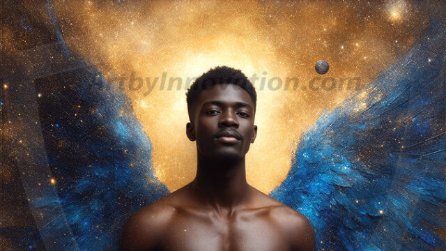 A detailed AI generated photograph featuring a beautiful handsome male angel warrior with ethereal skin and a beautiful body. Imbued with feathered wings, enormous and shimmering, a powerful warrior from the heavens. He possesses a strong, sharp jawline, chiseled muscular torso, pectorals, abs, sleek nose high cheekbones, vibrant eyes, silver earrings. With huge vibrate silver feathered wings, enormous and shimmering, with a radiant hue, reflecting light in a mesmerizing way. Here is a raw, untamed energy that emanates from him. His presence is electrifying, drawing viewers in with his captivating gaze and formidable presence. Perfect face, perfect hands.