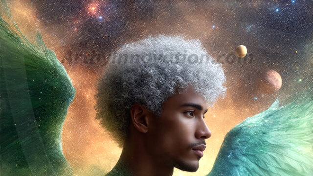 A detailed AI generated photograph featuring a beautiful handsome male angel warrior with ethereal skin and a beautiful body. Imbued with feathered wings, enormous and shimmering, a powerful warrior from the heavens. He possesses a strong, sharp jawline, chiseled muscular torso, pectorals, abs, sleek nose high cheekbones, vibrant eyes, silver earrings. With huge vibrate silver feathered wings, enormous and shimmering, with a radiant hue, reflecting light in a mesmerizing way. Here is a raw, untamed energy that emanates from him. His presence is electrifying, drawing viewers in with his captivating gaze and formidable presence. Perfect face, perfect hands.