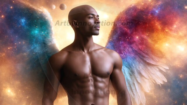 A detailed AI generated photograph featuring a beautiful handsome male angel warrior with ethereal skin and a beautiful body. Imbued with feathered wings, enormous and shimmering, a powerful warrior from the heavens. He possesses a strong, sharp jawline, chiseled muscular torso, pectorals, abs, sleek nose high cheekbones, vibrant eyes, silver earrings. With huge vibrate silver feathered wings, enormous and shimmering, with a radiant hue, reflecting light in a mesmerizing way. Here is a raw, untamed energy that emanates from him. His presence is electrifying, drawing viewers in with his captivating gaze and formidable presence. Perfect face, perfect hands.