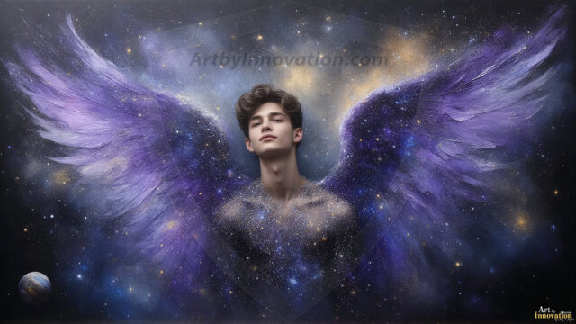 A detailed AI generated photograph featuring a beautiful handsome male angel warrior with ethereal skin and a beautiful body. Imbued with feathered wings, enormous and shimmering, a powerful warrior from the heavens. He possesses a strong, sharp jawline, chiseled muscular torso, pectorals, abs, sleek nose high cheekbones, vibrant eyes, silver earrings. With huge vibrate silver feathered wings, enormous and shimmering, with a radiant hue, reflecting light in a mesmerizing way. Here is a raw, untamed energy that emanates from him. His presence is electrifying, drawing viewers in with his captivating gaze and formidable presence. Perfect face, perfect hands.